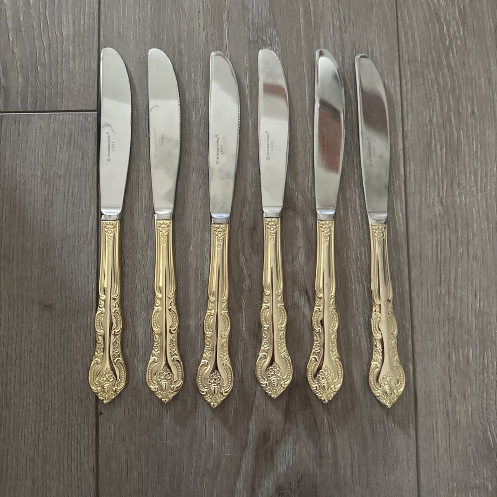 Lot of 6 Dinner Knives International San Marcos 24 Gold Electroplate‎ Flatware